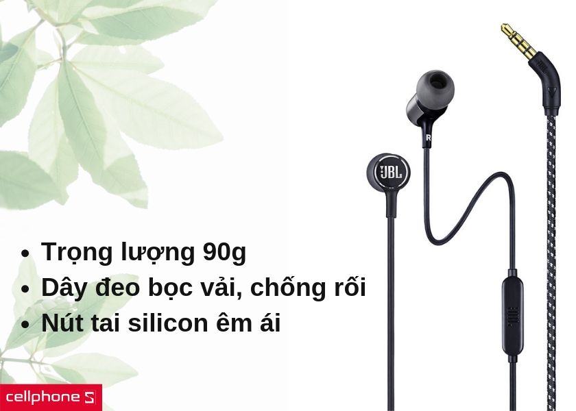 tai-nghe-jbl-live-100-jack-35mm-den-1 Thiết kế dây đeo bọc vải, chống rối và nút silicon vừa vặn