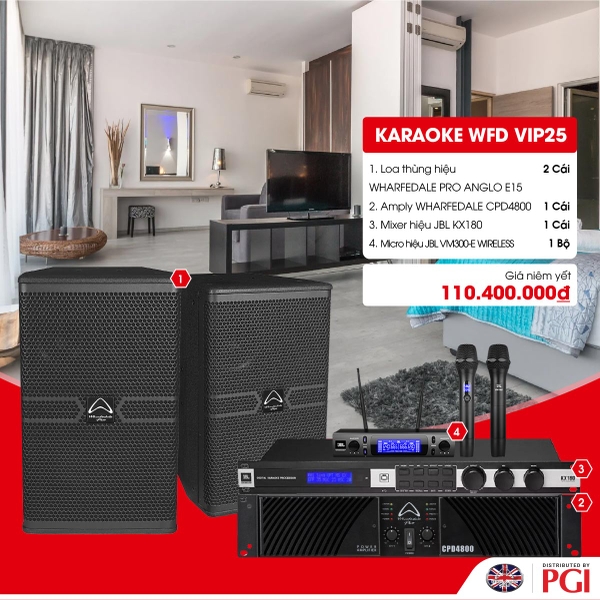 KARA WFD VIP25 - Combo Karaoke (Loa Wharfedale Pro Anglo E15 + WFD CPD4800 + JBL KX180 + JBL VM300)