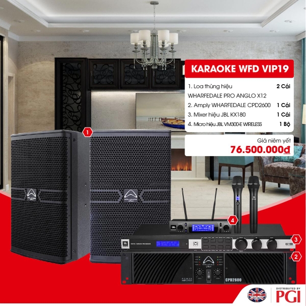 KARA WFD VIP19 - Combo Karaoke (Loa Wharfedale Pro Anglo X12 + WFD CPD2600 + JBL KX180 + JBL VM300)