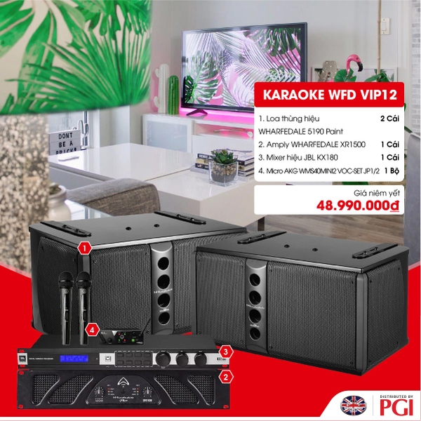 KARA WFD VIP12 - Combo Karaoke (Loa Wharfedale 5190 + WFD XR1500 + JBL KX180 + Mic AKG MINI2VOC)
