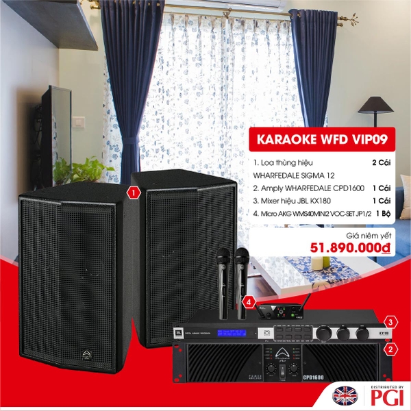 KARA WFD VIP09 - Combo Karaoke (Loa Wharfedale Pro Sigma 12 + WFD CPD1600 + JBL KX180 + Mic AKG MINI2VOC)