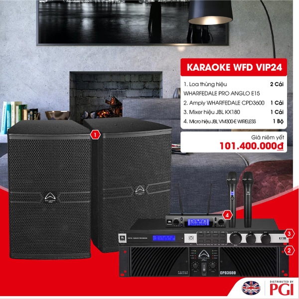 KARA WFD VIP24 - Combo Karaoke (Loa Wharfedale Pro Anglo E15 + WFD CPD3600 + JBL KX180 + JBL VM300)