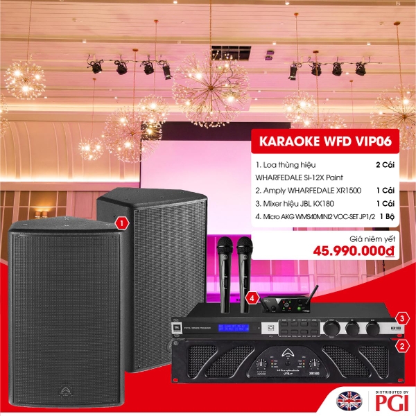 KARA WFD VIP06 - Combo Karaoke (Loa Wharfedale Pro SI-12X + WFD XR1500 + JBL KX180 + Mic AKG MINI2VOC)