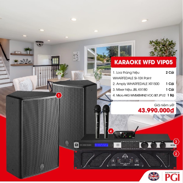 KARA WFD VIP05 - Combo Karaoke (Loa Wharfedale Pro SI-10X + WFD XR1500 + JBL KX180 + Mic AKG MINI2VOC)