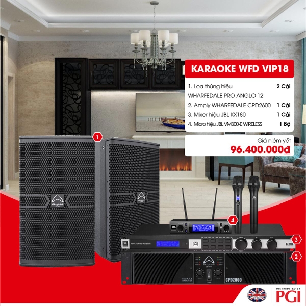 KARA WFD VIP18 - Combo Karaoke (Loa Wharfedale Pro Anglo 12 + WFD CPD2600 + JBL KX180 + JBL VM300)
