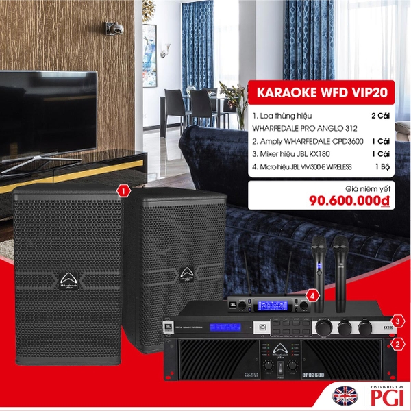 KARA WFD VIP20 - Combo Karaoke (Loa Wharfedale Pro Anglo 312 + WFD CPD3600 + JBL KX180 + JBL VM300)