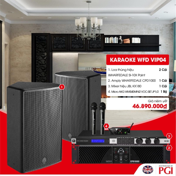 KARA WFD VIP04 - Combo Karaoke (Loa Wharfedale Pro SI-10X + WFD CPD1000 + JBL KX180 + Mic AKG MINI2VOC)