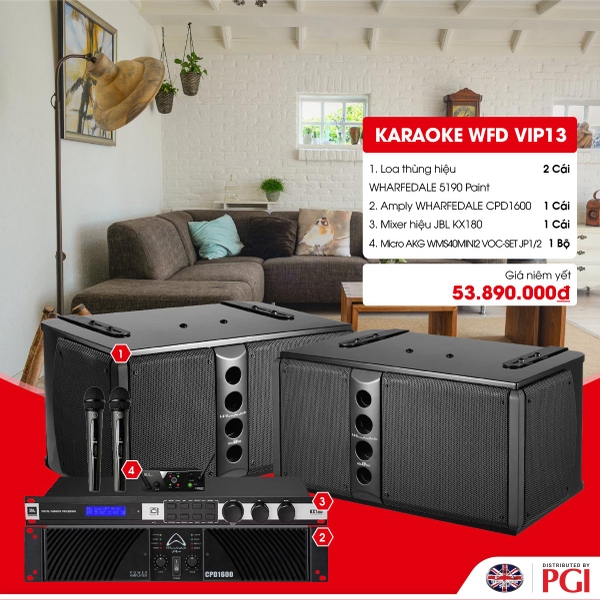 KARA WFD VIP13 - Combo Karaoke (Loa Wharfedale 5190 + WFD CPD1600 + JBL KX180 + Mic AKG MINI2VOC)
