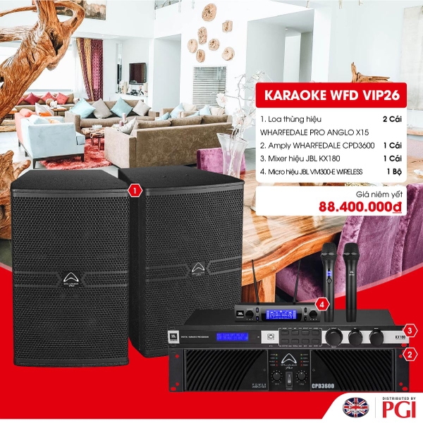 KARA WFD VIP26 - Combo Karaoke (Loa Wharfedale Pro Anglo X15 + WFD CPD3600 + JBL KX180 + JBL VM300)