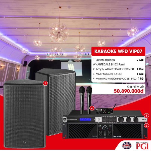 KARA WFD VIP07 - Combo Karaoke (Loa Wharfedale Pro SI-12X + WFD CPD1600 + JBL KX180 + Mic AKG MINI2VOC)