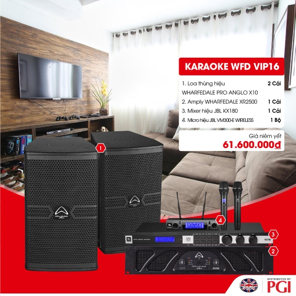 KARA WFD VIP16 - Combo Karaoke (Loa Wharfedale Pro Anglo X10 + WFD XR2500 + JBL KX180 + JBL VM300)
