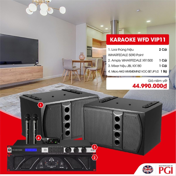 KARA WFD VIP11 - Combo Karaoke (Loa Wharfedale 5090 + WFD XR1500 + JBL KX180 + Mic AKG MINI2VOC)